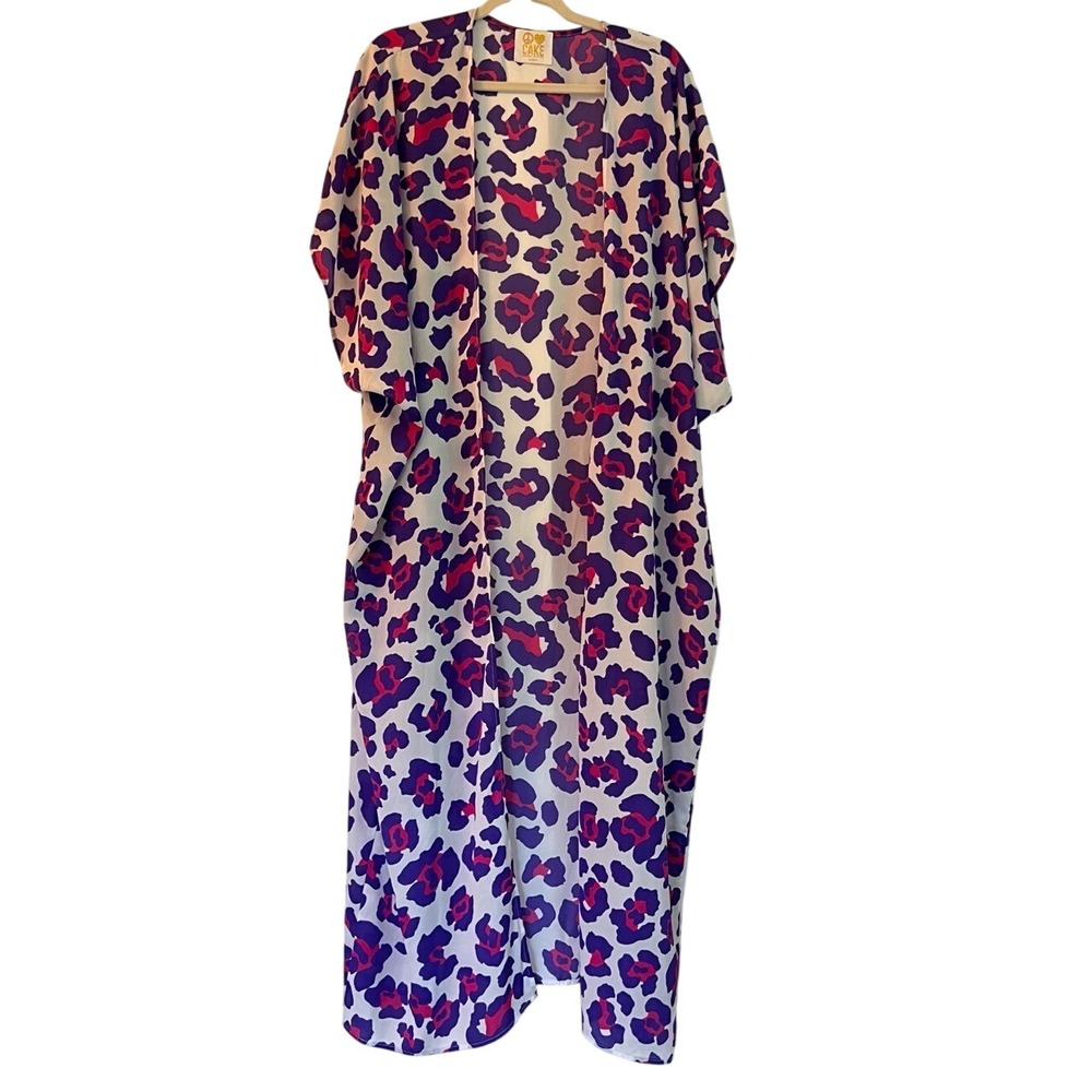 Peace Love Cake Leopard Print Purple Magenta Open Front Kimono Coverup Size M